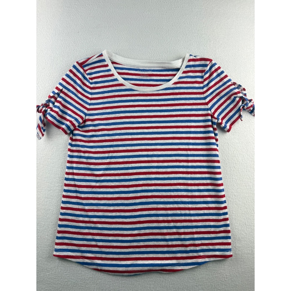 Talbots Womens XS Red White Blue Striped‎ Linen Blend Tie Sleeve Scoop Neck Top